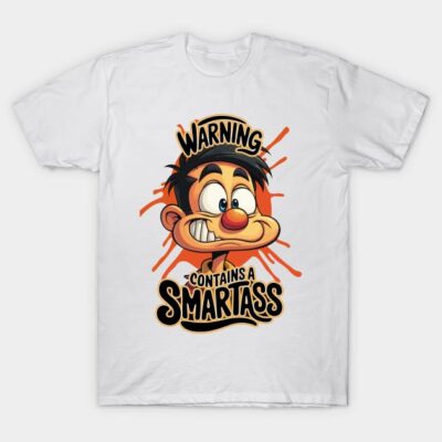 White cotton t-shirt with colorful cartoon design and humorous text, perfect for casual wear and gifting.