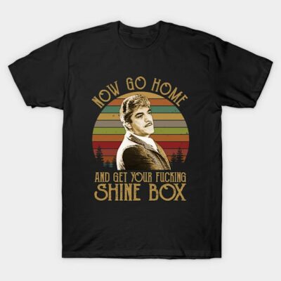 Black graphic t-shirt with retro stripes and text, casual wear, cotton material, bold vintage style.