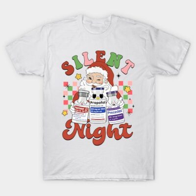 White "Silent Night" Christmas T-shirt, Santa design, colorful text, festive graphic, cotton material, unisex casual wear.