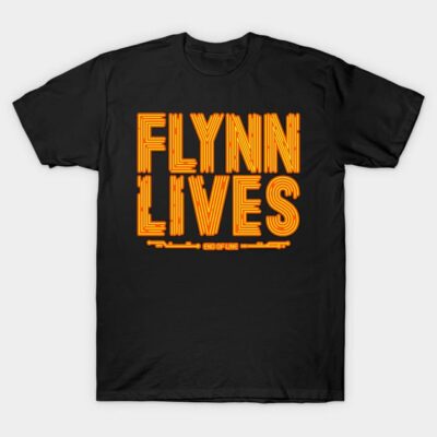 Black graphic T-shirt with "Flynn Lives" design in orange text, casual style, 100% cotton, unisex.