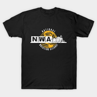 Black NWA logo t-shirt featuring vintage wrestling design, ideal for casual wear, 100% cotton material.