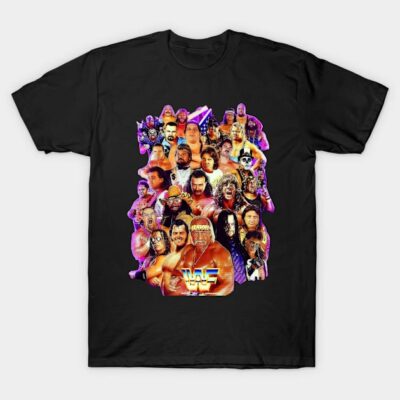 Black vintage wrestling graphic t-shirt featuring colorful retro collage design, ideal for casual wear and fan collections.
