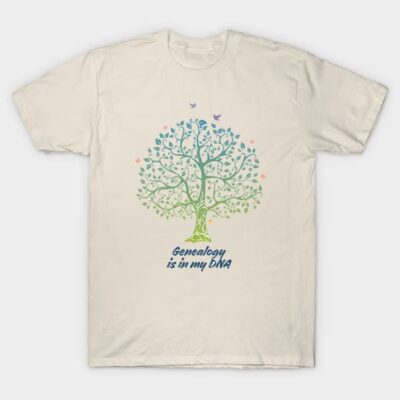 Cream t-shirt with colorful tree and "Genealogy is in my DNA" text, casual style, cotton material, unisex design.