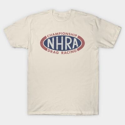 Cream t-shirt with vintage NHRA Championship Drag Racing logo, casual wear, soft cotton fabric.