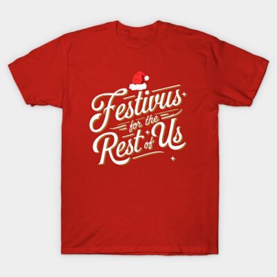 Red "Festivus for the Rest of Us" T-shirt with festive design, perfect for holiday celebrations, 100% cotton.