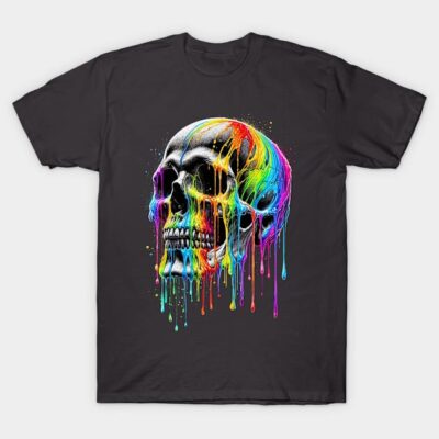 Black t-shirt with colorful dripping skull design, casual wear, cotton material, artistic graphic print.