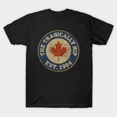 Black T-shirt with vintage-style maple leaf and text design, cotton material, casual wear.