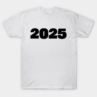"White cotton t-shirt with bold black '2025' print, casual style, perfect for everyday wear."