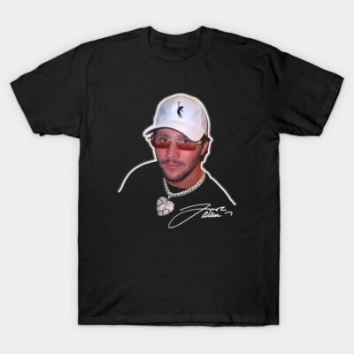 Black graphic t-shirt featuring a stylish design with cap and sunglasses. Casual wear, cotton material, unisex style.