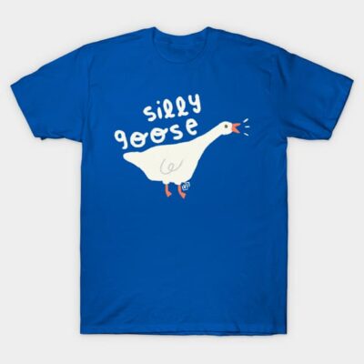 Blue t-shirt with "silly goose" text and playful white goose graphic, casual style, perfect for everyday wear.