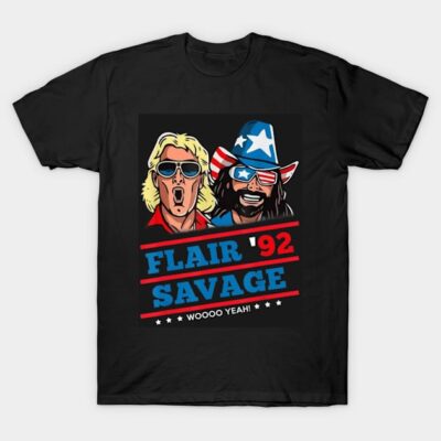 Black graphic t-shirt featuring retro design with bold text "Flair '92 Savage" in red and blue, casual wear.