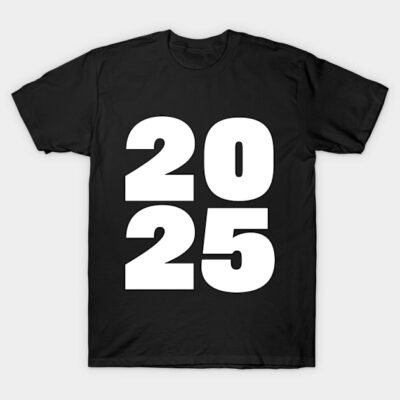 Black cotton t-shirt with bold white "2025" print, casual style, perfect for everyday wear.