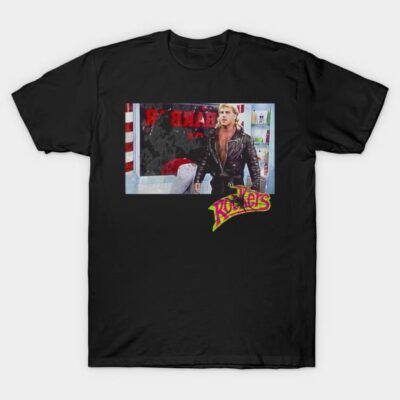 Black graphic t-shirt featuring rock music theme with bold colors, ideal for casual wear and music enthusiasts.