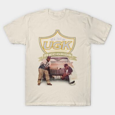 Beige UGK Records graphic T-shirt featuring vintage car and logo, perfect for casual wear or music fans.