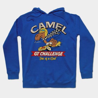 Blue cotton hoodie with retro "Camel GT Challenge" graphic, perfect for casual wear and vintage style enthusiasts.