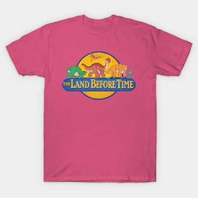 Pink "The Land Before Time" t-shirt featuring colorful dinosaur design, casual style, ideal for fans and everyday wear.