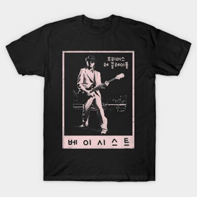 Black graphic t-shirt featuring a musician design with Korean text, perfect for casual wear, made from soft cotton.
