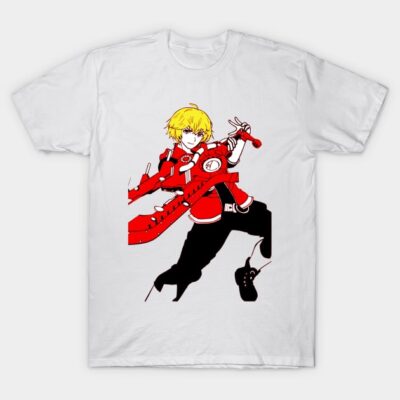 White cotton t-shirt featuring a dynamic anime character design in red and black, perfect for casual wear.