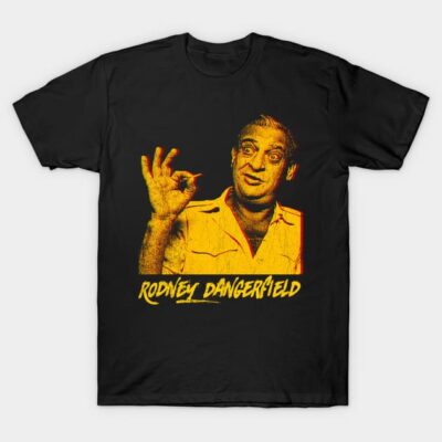 Black graphic t-shirt with yellow vintage-style print, featuring humorous design and text, made from soft cotton fabric.