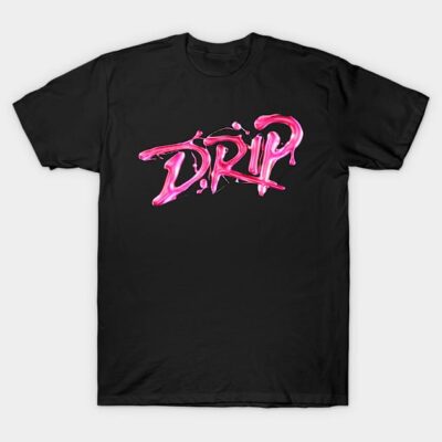 Black t-shirt with pink "DRIP" graffiti design, casual streetwear style, cotton material.