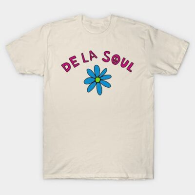 Cream t-shirt with "De La Soul" text and blue daisy graphic, casual style, cotton material, unisex design.