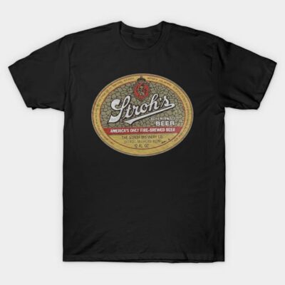 Black vintage-style t-shirt with retro beer label graphic, casual wear, soft cotton fabric.