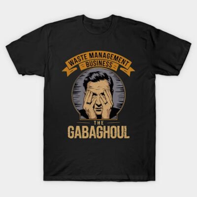 Black t-shirt with "Waste Management Business" and "The Gabaghoul" graphic, casual wear.
