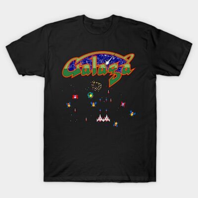 Black retro arcade Galaga t-shirt, featuring colorful pixelated game graphics for casual wear, cotton fabric.