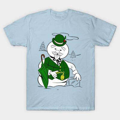 Light blue t-shirt featuring a cartoon snowman in green attire with an umbrella, perfect for casual winter wear.