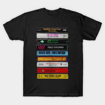 Black t-shirt with colorful cassette tape design, featuring iconic album titles, casual style, cotton material.