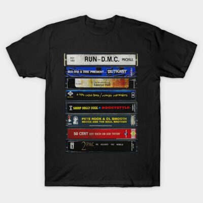 Black T-shirt featuring a colorful stack of vintage cassette tapes design, perfect for music enthusiasts.