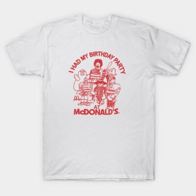 White cotton t-shirt with red McDonald's birthday party graphic, casual style, perfect for nostalgic fans.
