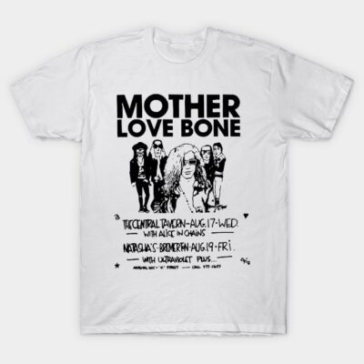 White Mother Love Bone band graphic tee, classic rock style, 100% cotton, perfect for music fans and casual wear.