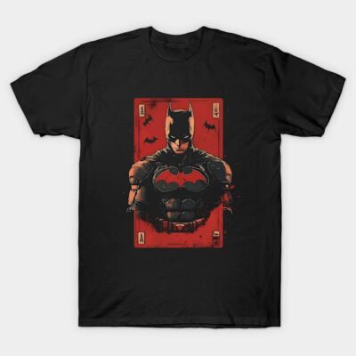 Black superhero-themed graphic t-shirt featuring a bold red and black playing card design, perfect for casual wear.