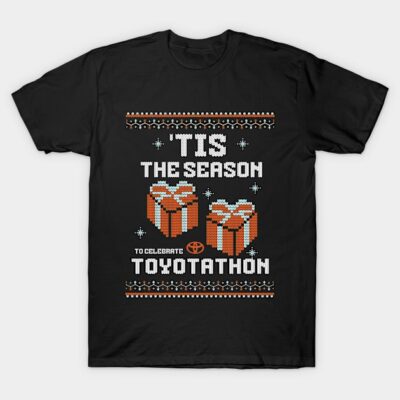 Black holiday-themed t-shirt with festive gift design and "Tis The Season to Celebrate Toyotathon" text.