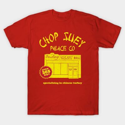 Red graphic T-shirt with yellow "Chop Suey Palace Co" design, casual wear, cotton material.