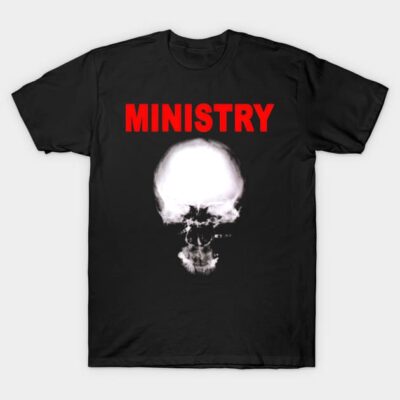 Black t-shirt with "MINISTRY" text in red and skull graphic, casual wear, 100% cotton.