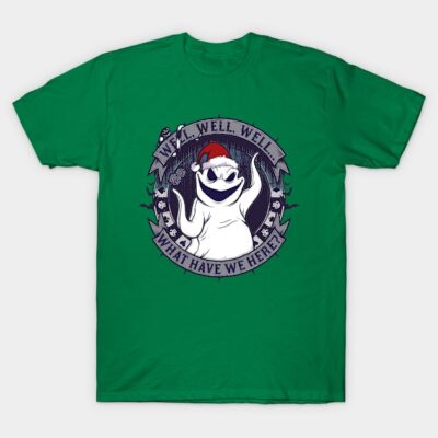 Green unisex T-shirt with festive ghost design, casual style, ideal for holiday wear, 100% cotton.