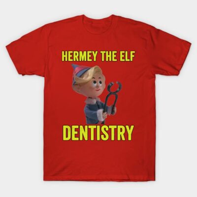 Red t-shirt with cartoon elf graphic and "Dentistry" text, casual style, ideal for festive occasions or everyday wear.