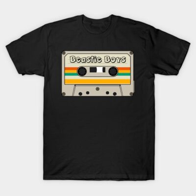 Black T-shirt with retro cassette tape graphic, featuring colorful stripes and bold text. Casual style, cotton material.