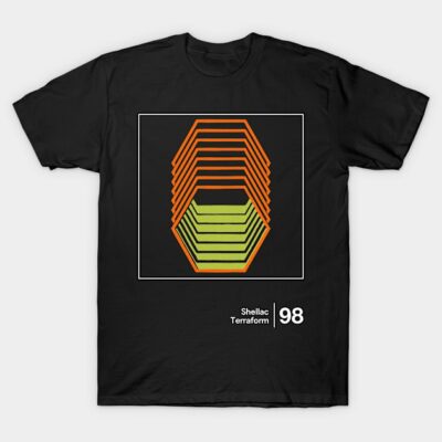 Black t-shirt with geometric orange and green design, suitable for casual wear. Made from 100% cotton.