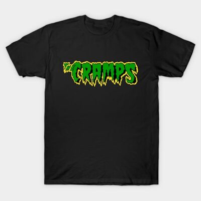 Black T-shirt with green and yellow "The Cramps" graphic, casual cotton apparel for fans or everyday wear.