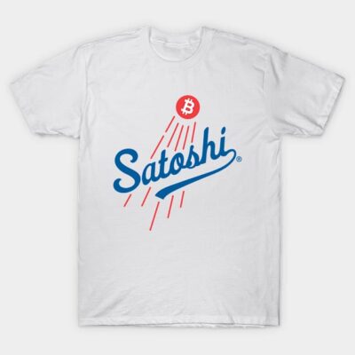 White cotton t-shirt featuring "Satoshi" and Bitcoin logo in blue and red. Casual and trendy cryptocurrency apparel.
