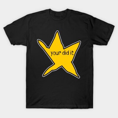 Black T-shirt with yellow star graphic and "your did it" text, casual style, cotton material, unisex design.