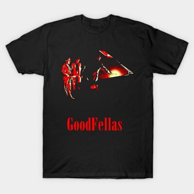 Black "GoodFellas" t-shirt, featuring red graphic design, short sleeves, casual style, cotton material, perfect for everyday wear.