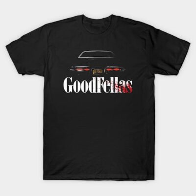 Black "GoodFellas" graphic T-shirt with vintage car design, cotton material, casual style, unisex.