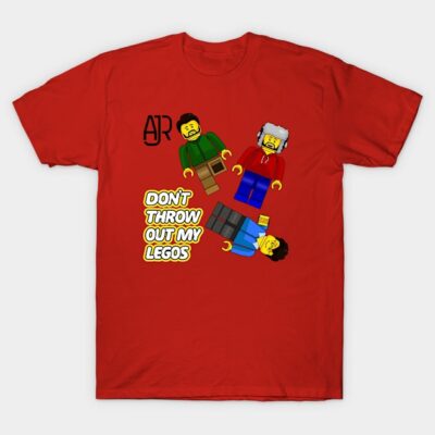 Red t-shirt with playful Lego-inspired print, "Don't Throw Out My Legos" text, casual wear, cotton material.