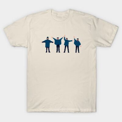 Beige unisex t-shirt with minimalist graphic of four figures, casual style, comfortable cotton fabric.