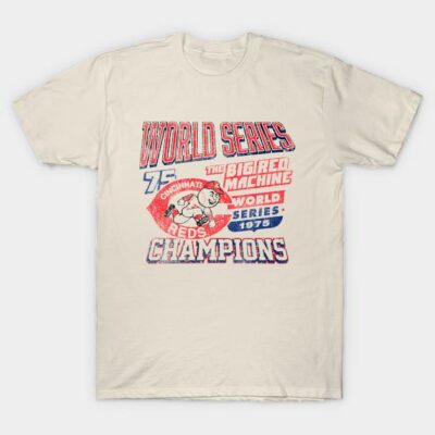 Vintage beige T-shirt featuring 1975 World Series Champions design, retro sports apparel for baseball fans.