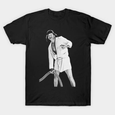 Black graphic T-shirt featuring a humorous vintage-style illustration in white, casual wear for everyday use.